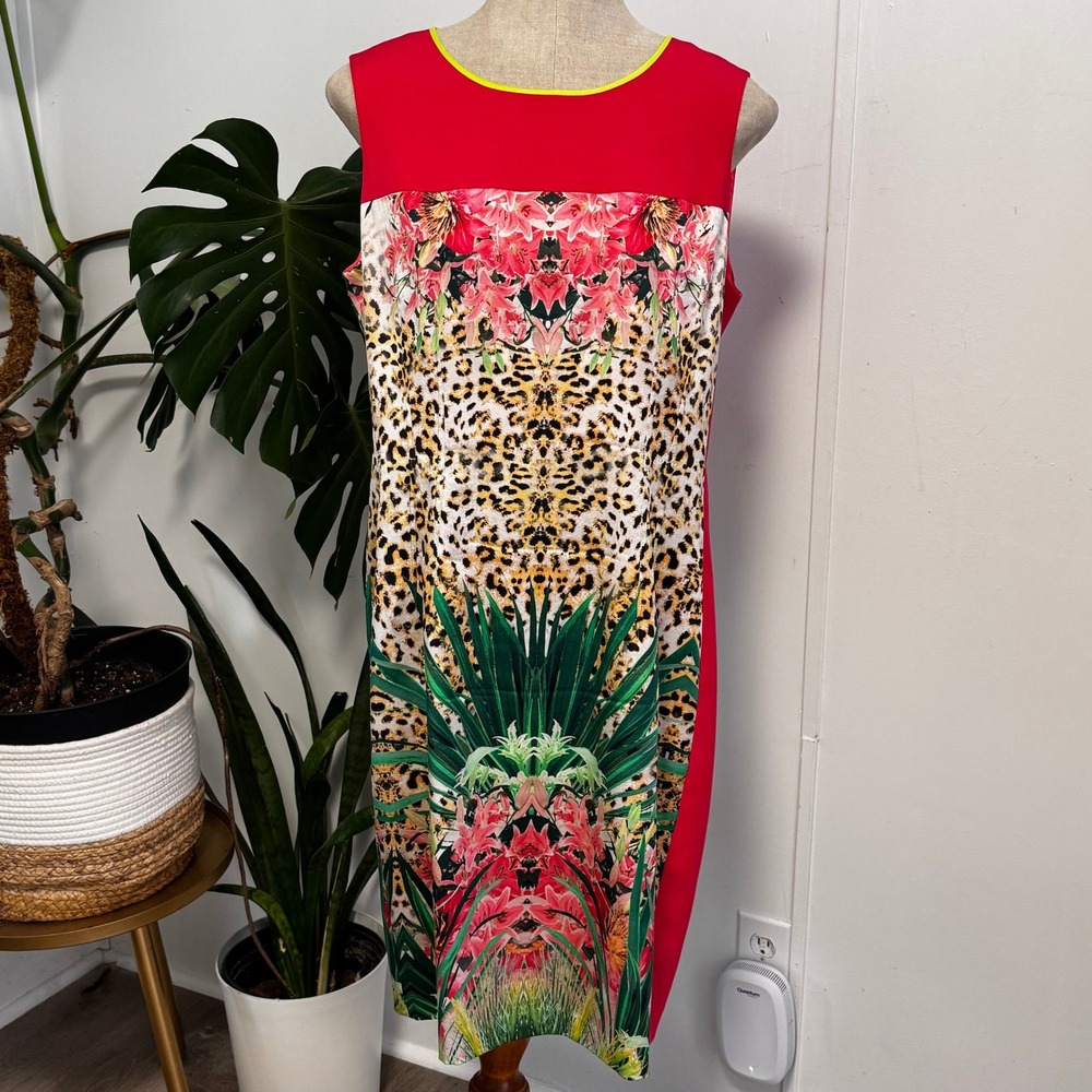 Elie Tahari Sheath Dress Womens Size 4 Red Multi Animal Floral Botanical Zip